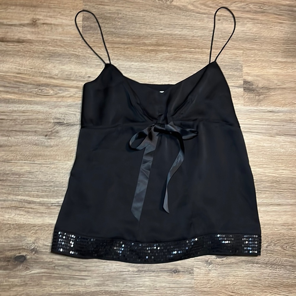 Loft Black Satin Top with Spaghetti Straps and Front Bow/ Size 14/ Like New